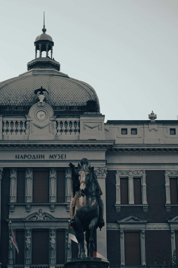 Statue of Prince Mihailo on a horse in front of the National Museum of Serbia.