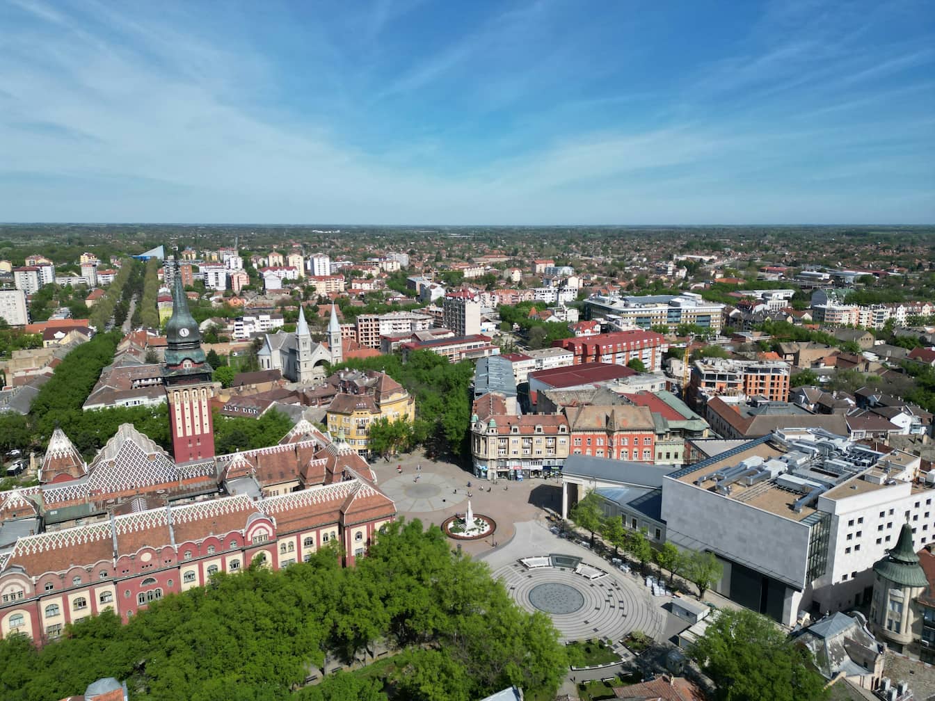Drone photograph capturing the historic central square of Subotica, Serbia.